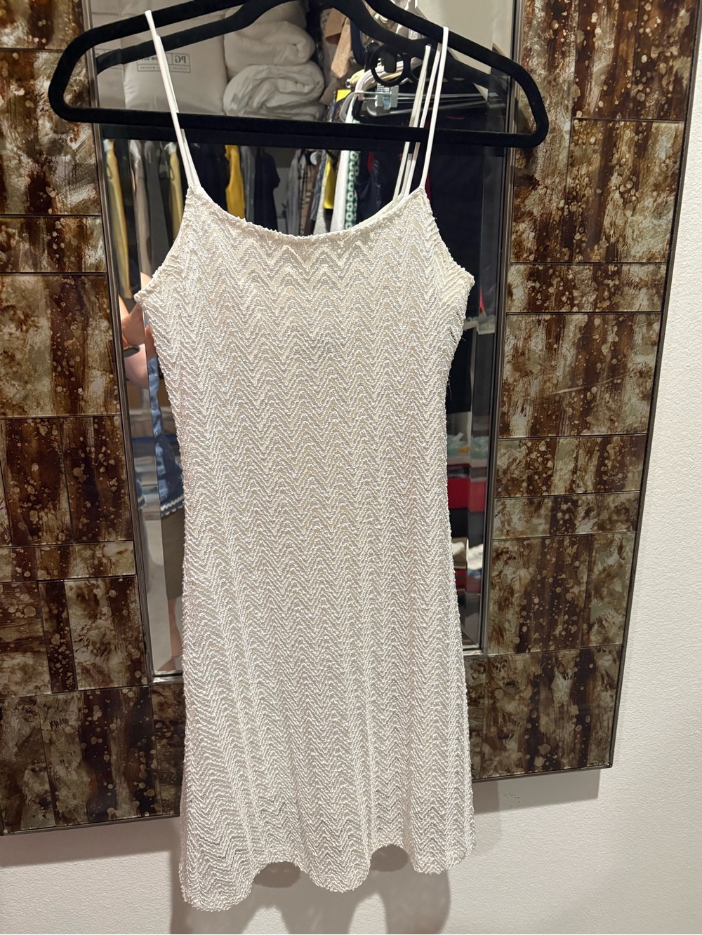 White Textured Midi Slip Dress with Spaghetti Straps